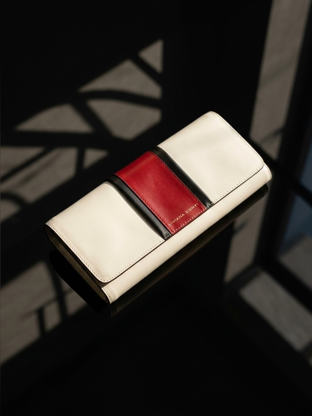 Liviana Conti Italian Leather Clutch – White with Red Stripe | NWOT